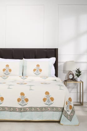Vintage Marigold Block Printed Yellow TNT Bedcover-Double: 90 x 108 in / Yellow / Yellow