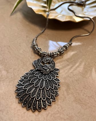 German Silver Neo Ethnic Peacock Pendant Necklace