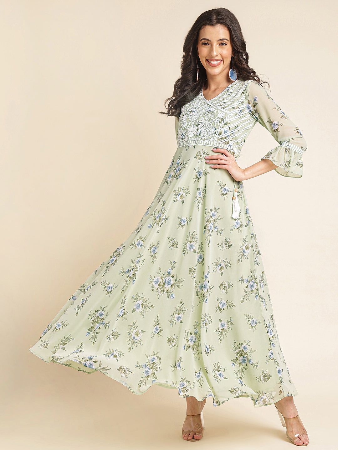 Green Floral Printed & Embroidered Flared Georgette Gown-S