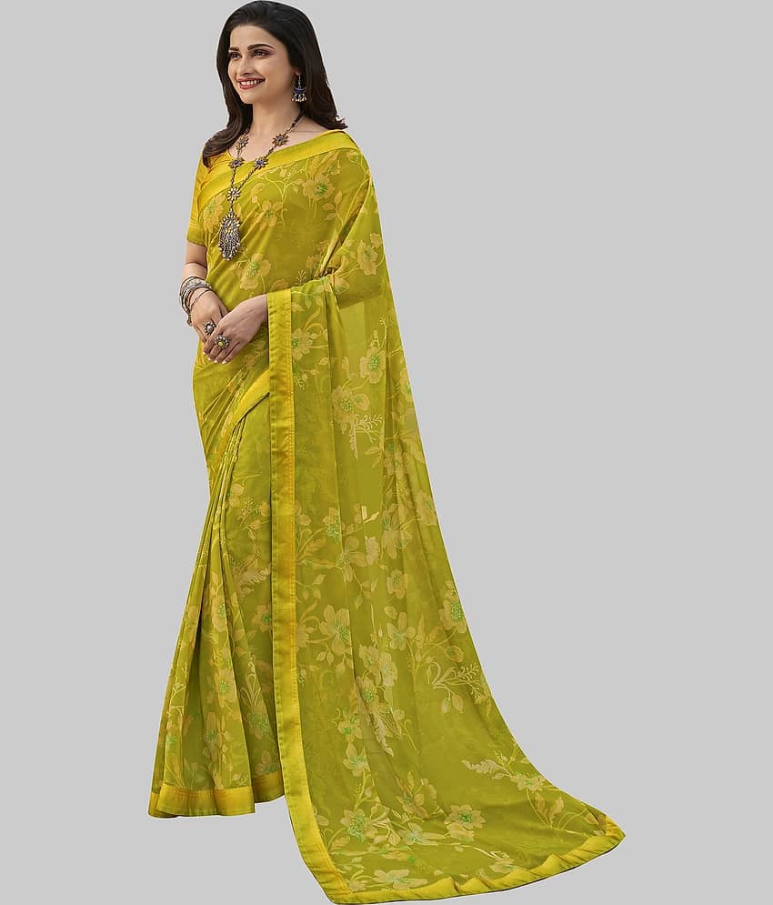 Gazal Fashions Chiffon Printed Saree With Unstitched Blouse Piece ( Light Green )