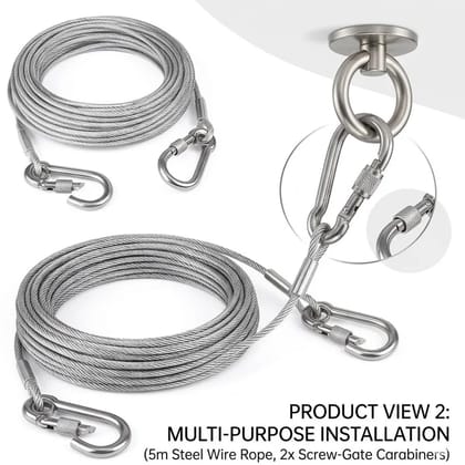 Heavy Duty 5 Meter Stainless Steel Wire Rope Cable with Carabiner Hooks | Rustproof Hanging Cable for Lights, Plants, Shade Sails, Banners, Garden & Outdoor Use Heavy Duty 5 Meter Stainless Steel Wire Rope Cable with Carabiner Hooks | Rustproof Hanging Cable for Lights, Plants, Shade Sails, Banners, Garden & Outdoor Use