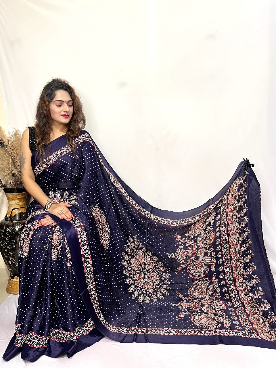 Modal Silk Ajrakh Bandhani Print Silk Saree-Blue