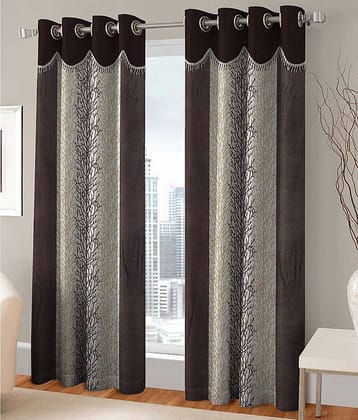Panipat Textile Hub Floral Semi-Transparent Eyelet Door Curtain 7 ft Pack of 2 -Brown