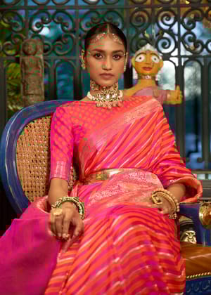 Bridal Pink Woven Banarasi Silk Saree With Gold And Silver Zari