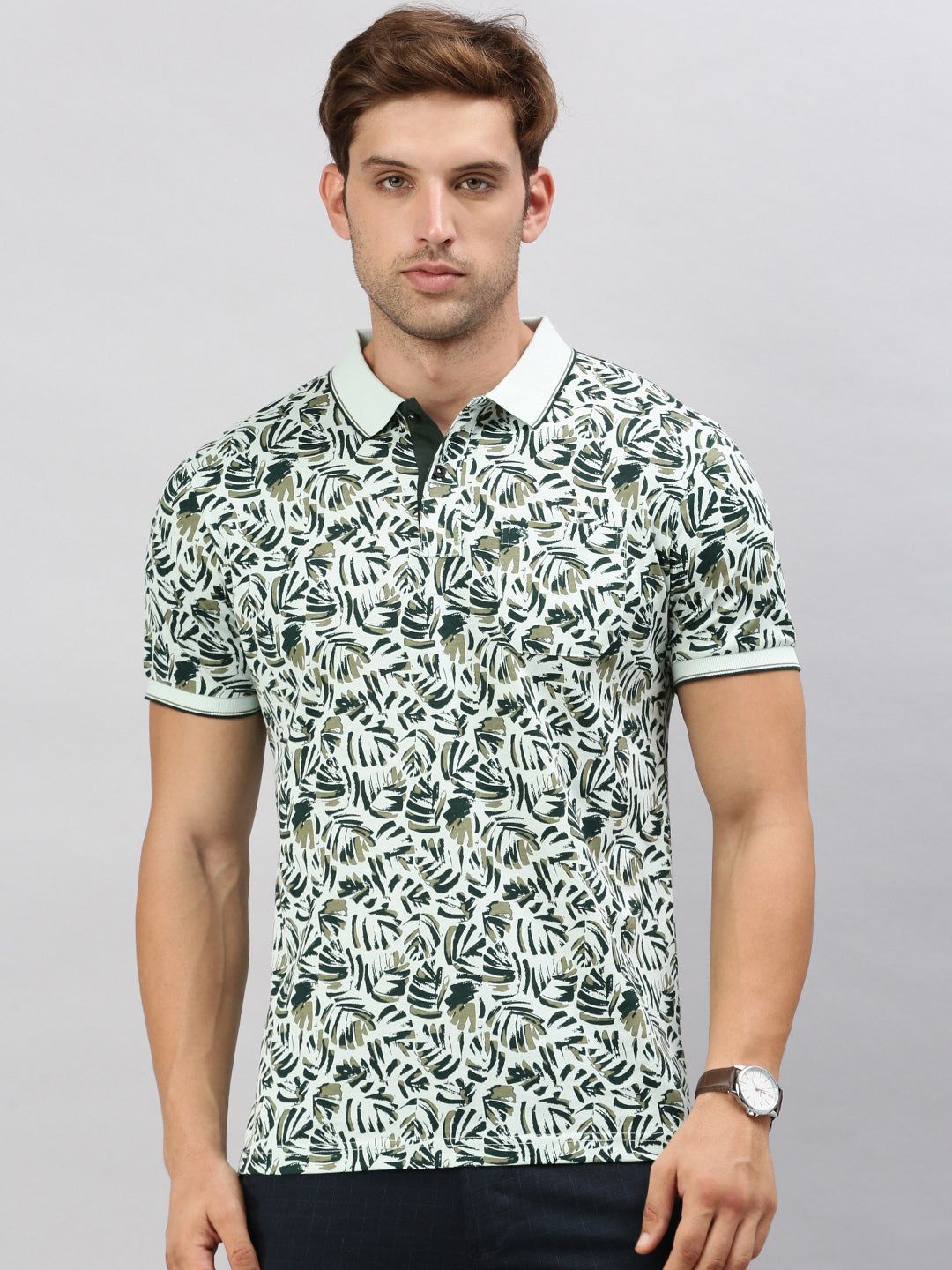 Classic Polo Men's Printed Green Cotton Slim Fit Half Sleeve T-Shirt | BELLO - 296 B SF P