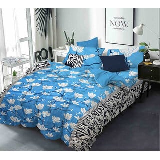 Black Bee White Lily Flowers On Aqua Blue Base Double Bedsheet With 2 Pillow Covers (208 X 213 Cm)(Bs-08)