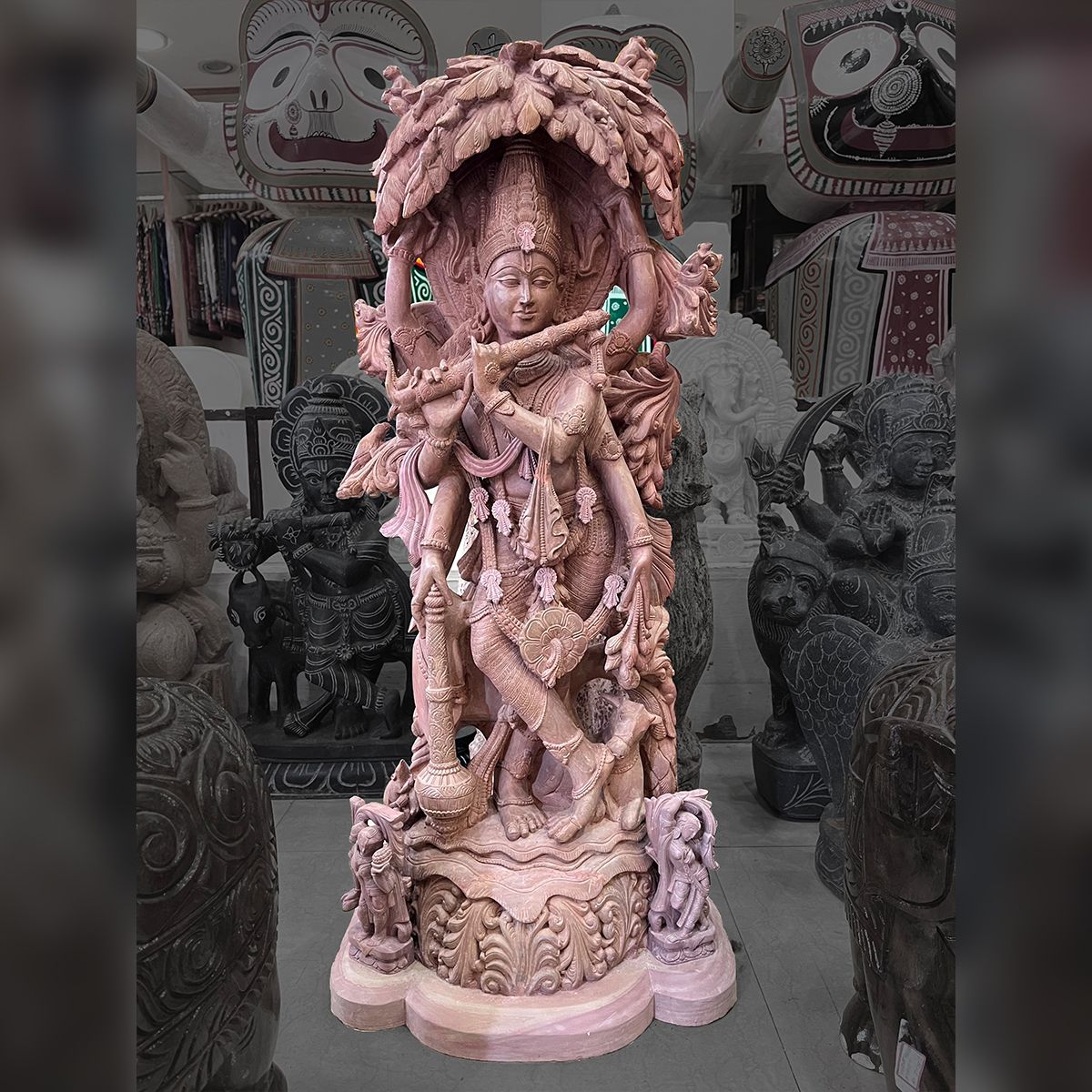 Lord Krishna with flute Pink Stone statue