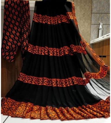 Women's Sattin Patta Printed Saree with Unstitched Blouse (Orange)