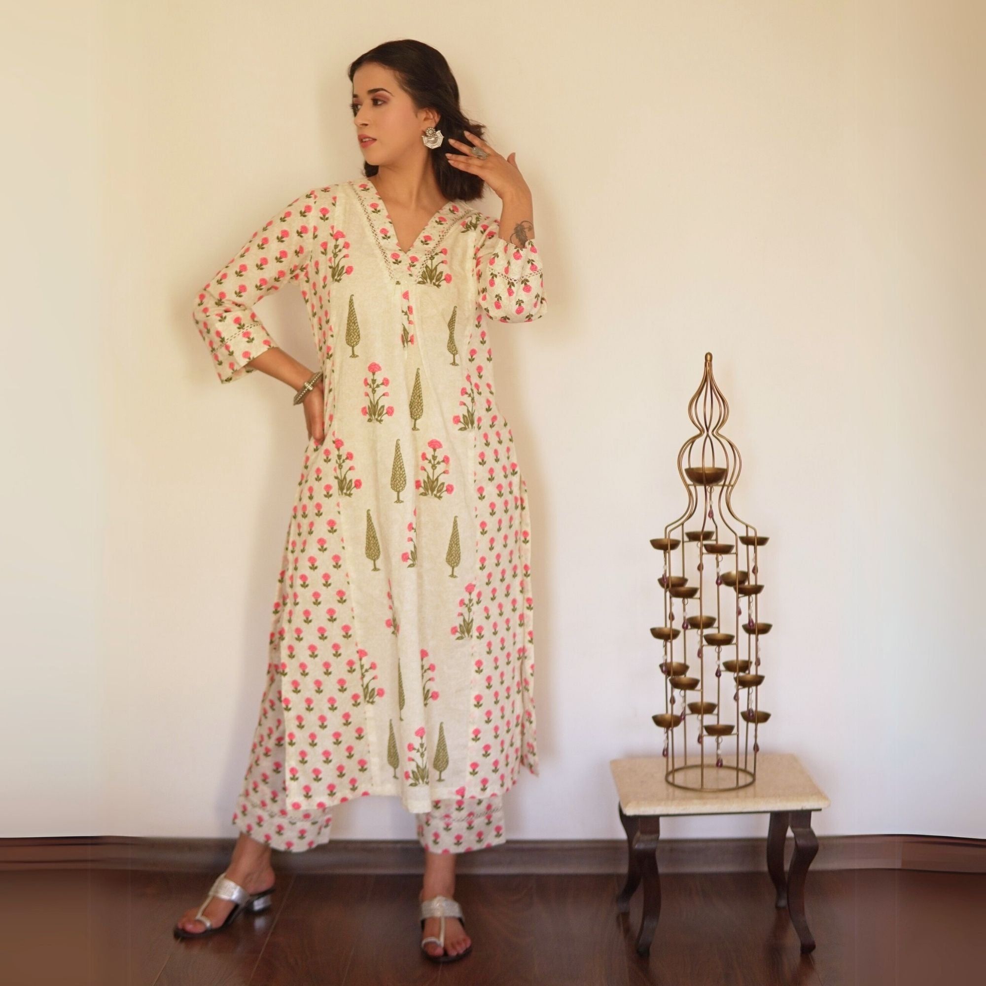 Pink A-line Kali mughal printed Suit Set-XS