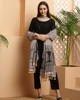 Anokhi Ada Katan Silk Black Blockprint Dupatta