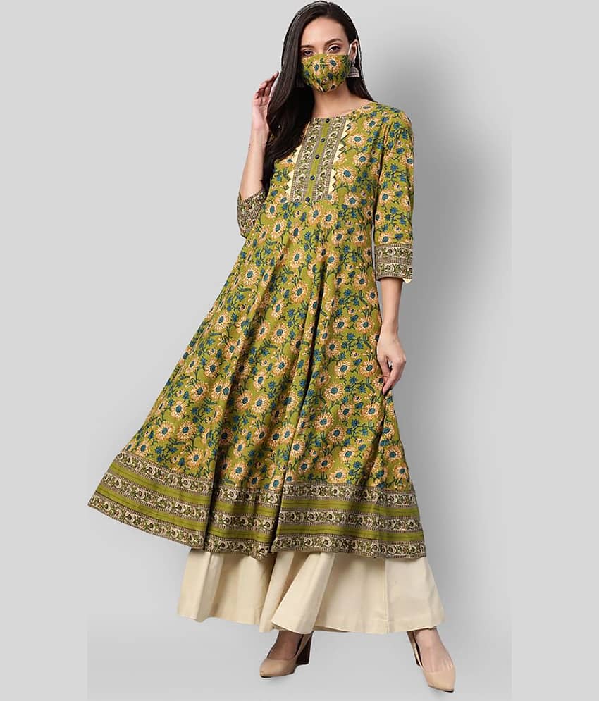 Yash Gallery Pack of 1 Cotton Printed Flared Women's Kurti - ( Green )