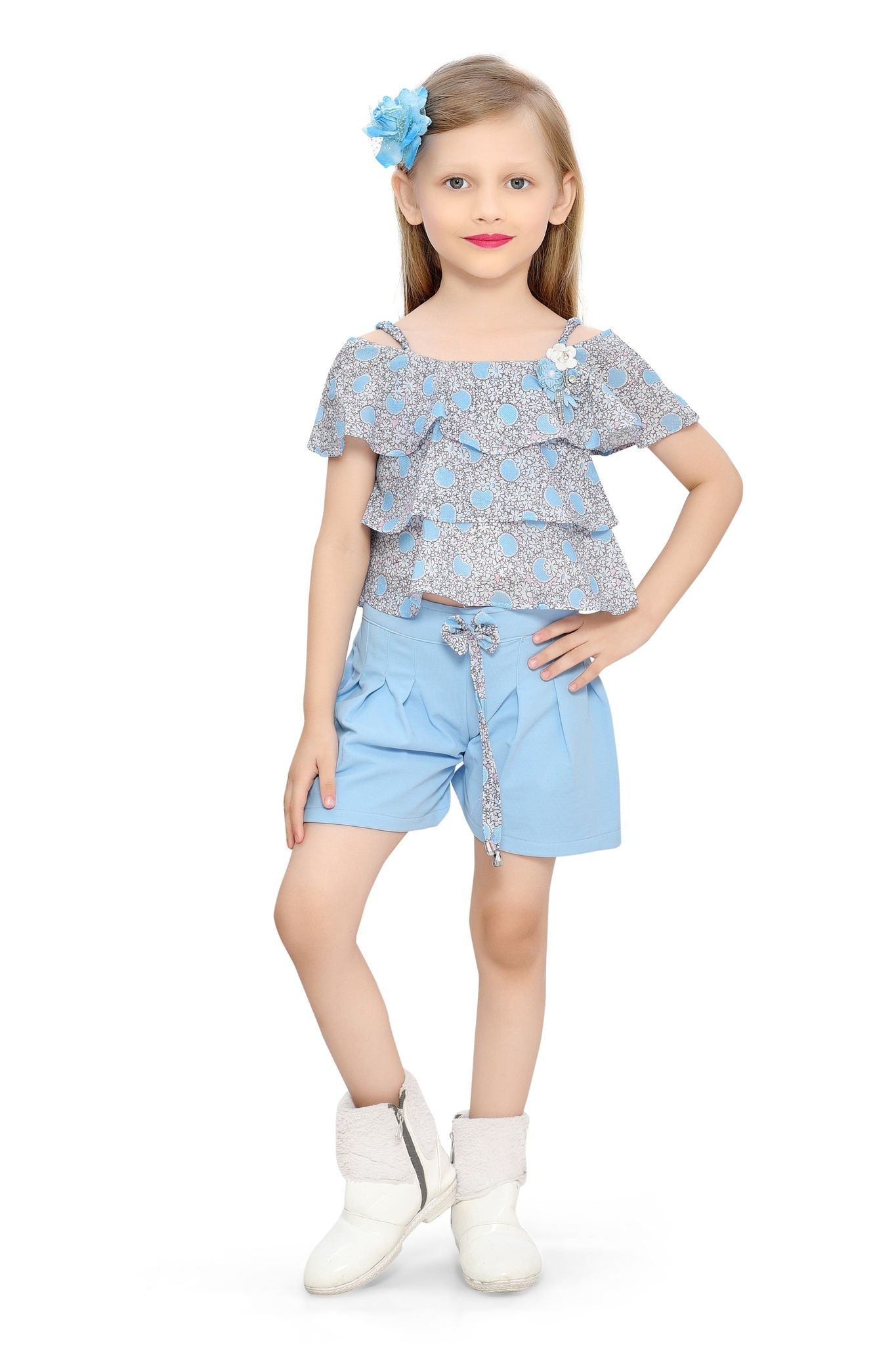 Be:Kids Summer Floral Cold-Shoulder Top and Blue Shorts Set for Girls