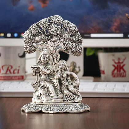 Dreamkraft Metal Radha Krishna Idol Under Tree Showpiece for Puja Room, Home & Office Desk Decor 18 cm Height | Silver Finish | Ideal for Gifting | Decorative Figurine