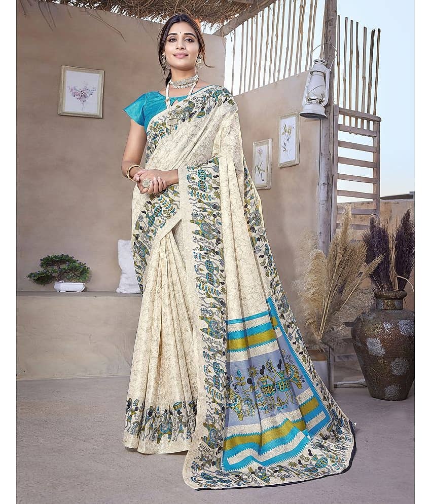 Yashika Art Silk Printed Saree With Unstitched Blouse Piece ( LightBLue )