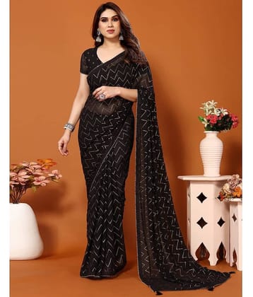Satrani Georgette Printed Saree With Unstitched Blouse Piece ( Black )