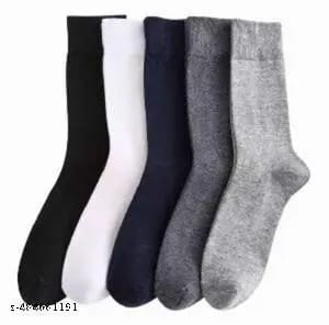 Multicolor plain formal Lycra cotton socks - Pack of 5 (1 Black + 1 Navy blue + 1 white + 1 dark grey + 1 steel grey) (13+ Year)