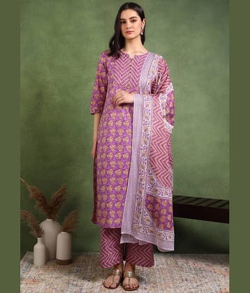 Yash Gallery Women Cotton Printed Straight Kurti With Pants ( Lavender )