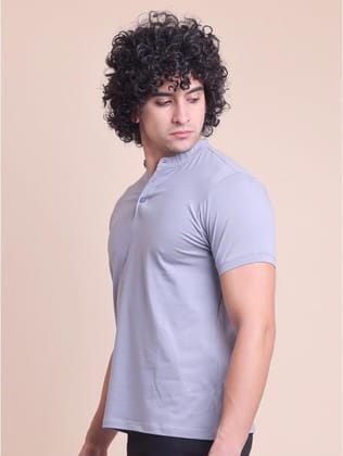 Men's Casual Cotton Solid Half Sleeve Mandarin Collar T-Shirt (Teegrey, L)-PID57331