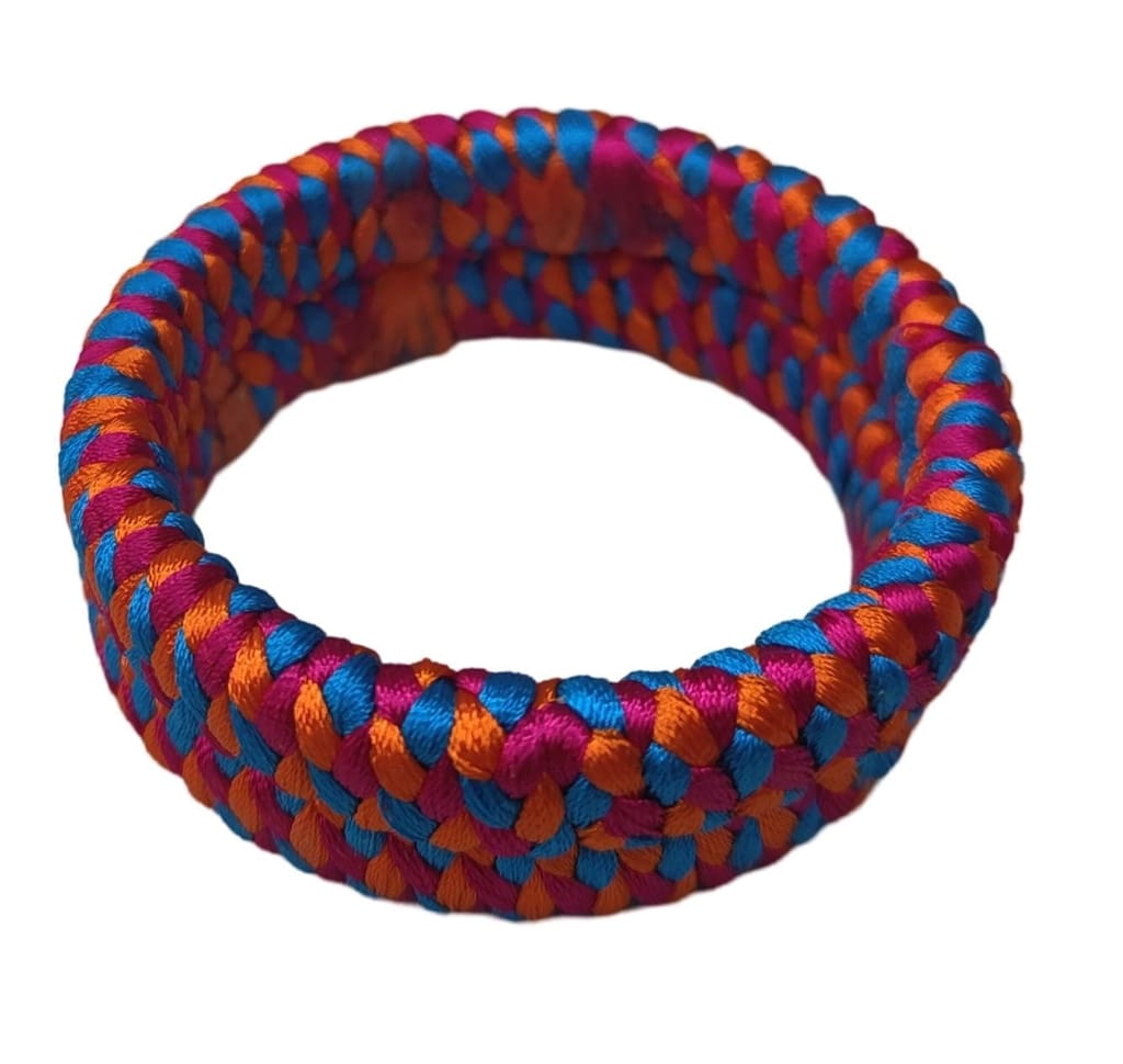 Handmade Braided Fabric Bangle in Blue, Orange and Pink