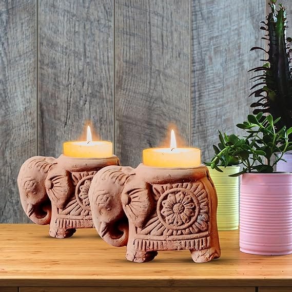 Terracotta Elephant Tealight Candle Holders (Pack of 2)