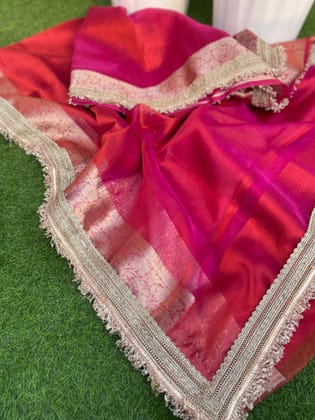 New Rani Color Banarasi Tissue Silk Jacquard n Lace Work Fancy Designer Partywear Saree