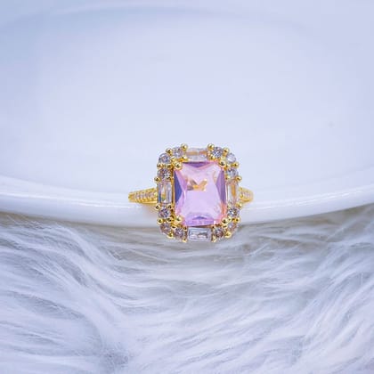 Copper Blue Sapphire Baguette Cubic Zirconia 18K Gold Free Size Ring Women-PINK