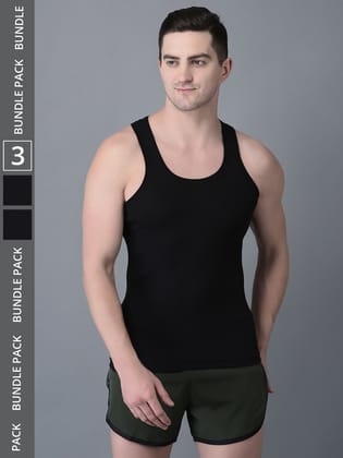 Men's Black Pack of 3 Solid Combed Cotton Vest