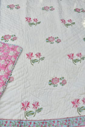Pink Lotus Handblock Reversible Quilt : Warmth & Style Single Pink Lotus Handblock Reversible Quilt : Warmth & Style Single