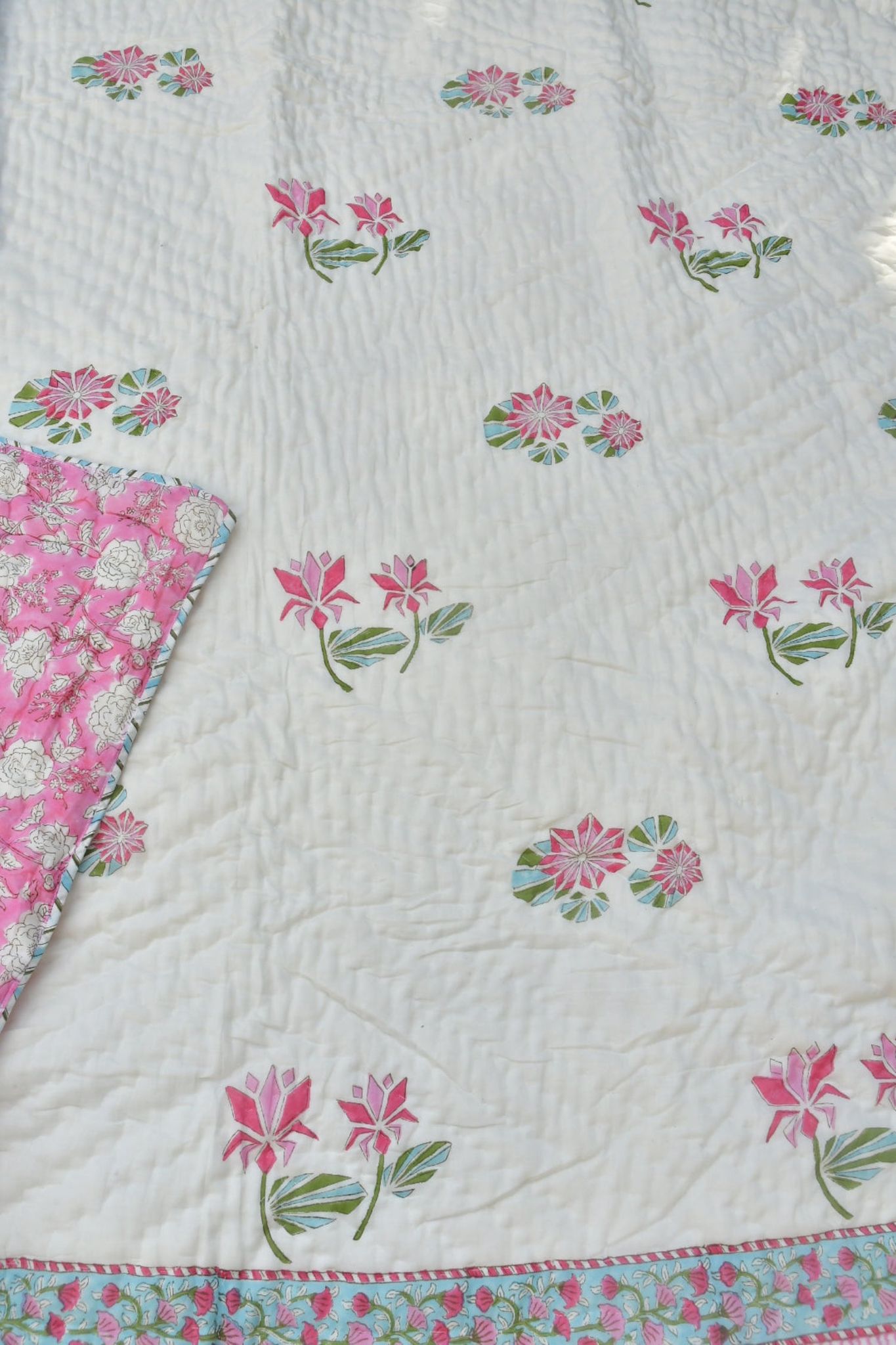 Pink Lotus Handblock Reversible Quilt : Warmth & Style Single