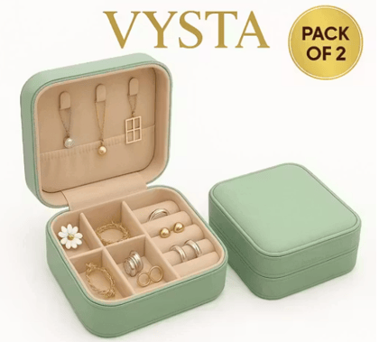 VYSTA Compact Travel Jewellery Organizer Box  Pack of 2 | Multi-Compartment Storage for Rings, Earrings, Chains & Bracelets | Portable PU Leather Jewellery Case