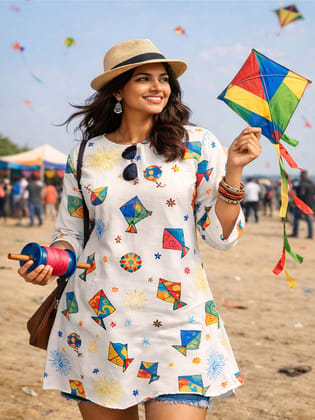 Festive wear Womens White Cotton Blend Kite Print Kurti