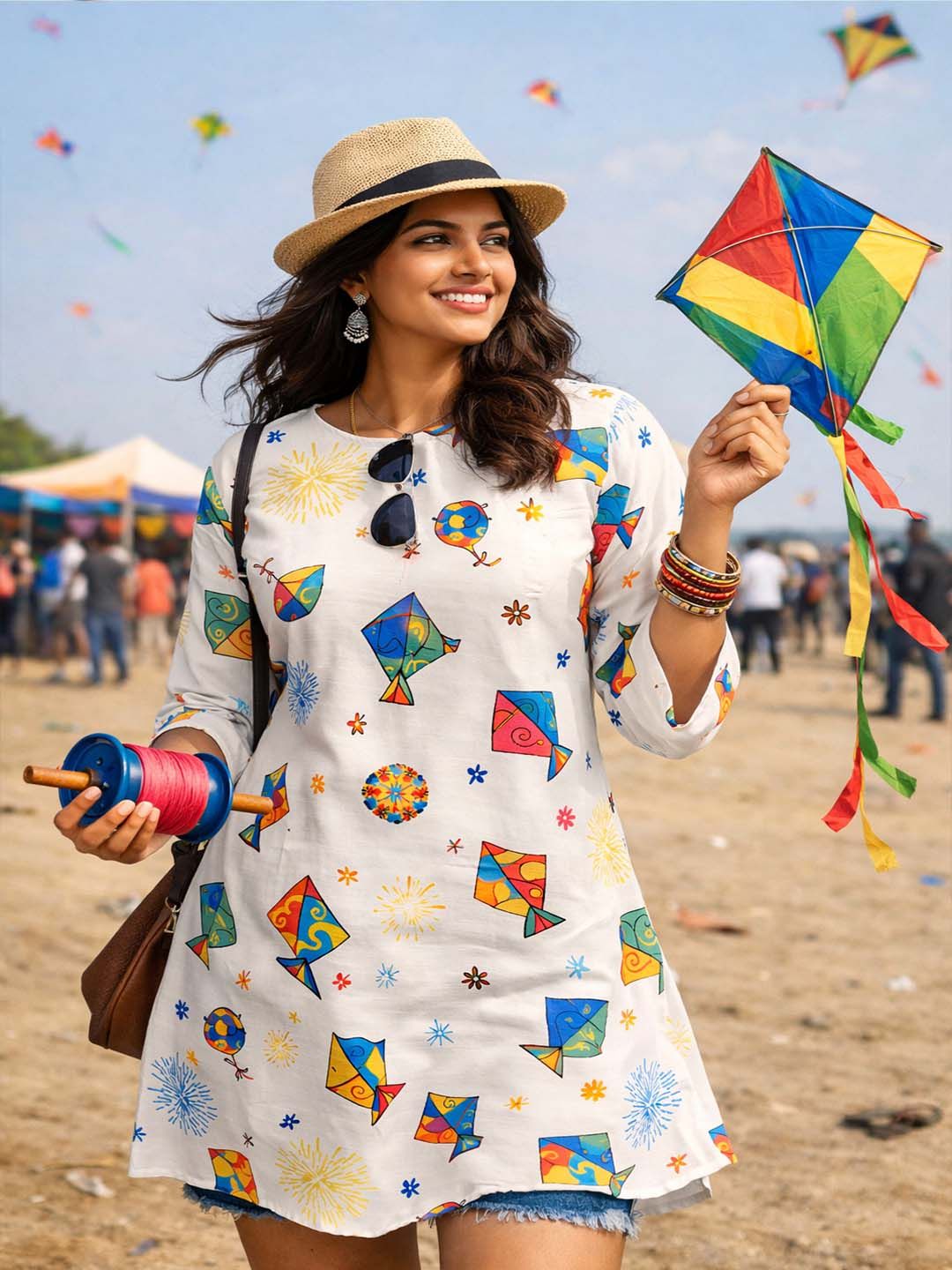 Festive wear Womens White Cotton Blend Kite Print Kurti