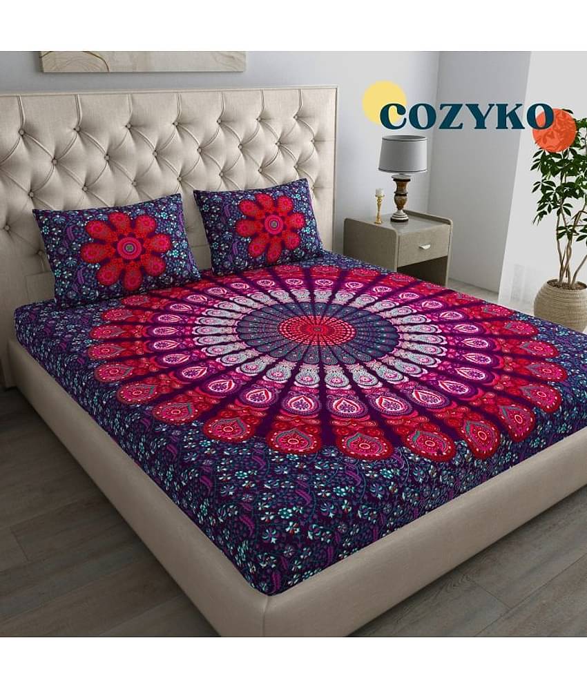 COZYKO Cotton 1 Double Queen Bedsheet with 2 Pillow Covers ( Multicolor )