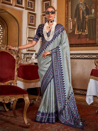 Grey Soft Silk Woven Printed Patola Designed Saree
