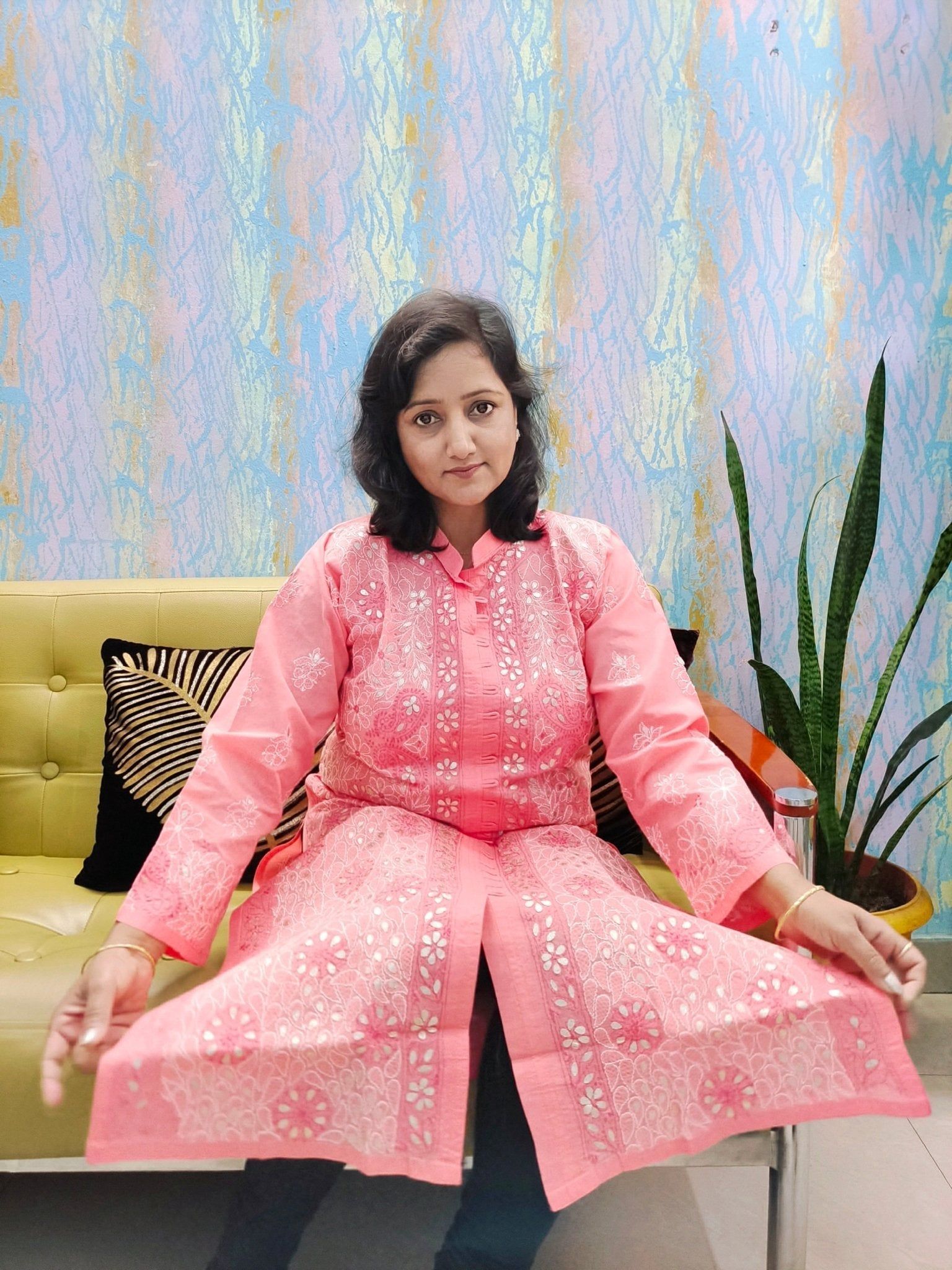 TheHangr Dual Thread Hand Embroided Orange Cotton Lucknowi Chikankari Kurti