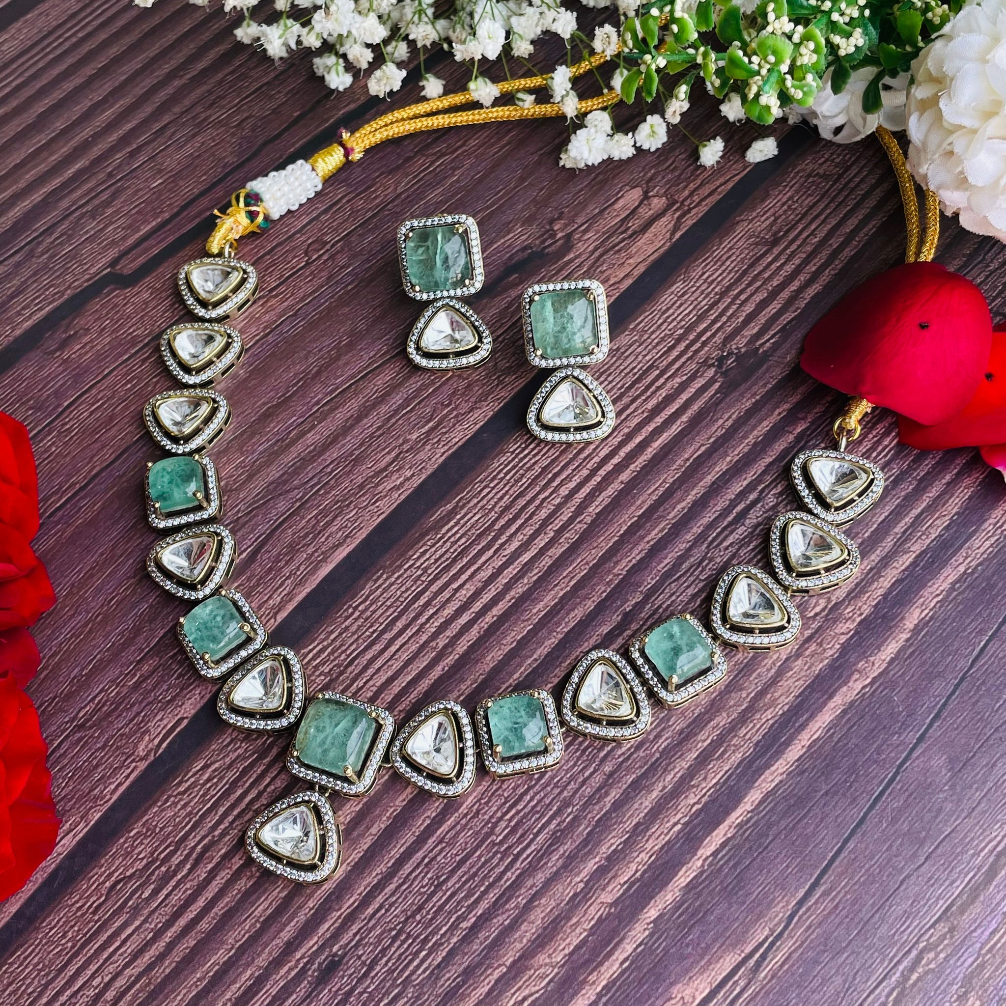 Nayaab Chandani Polki Neckpiece-Mint green
