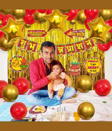 Zyozi ® Shubh Annaprashan Decorations Item | Annaprasanam Decorations Kit - Banner, Balloons, Star Foil Balloons, Photo booth Props (Pack of 54)