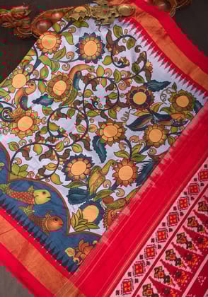 Heather Blue Kalamkari Shikargah theme Digital print  Pure Silk saree with zari Border and ikkat pallu  | SILK MARK CERTIFIED