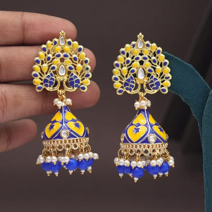 Blue Color Meenakari Earrings (MKE1998BLU)-Length: 7.50 CM x Width: 2.00 CM / Blue / Alloy With Good Quality Gold Plated