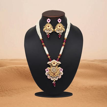 Rani Color Meena Work Matte Gold Rajwadi Temple Necklace Set (TPLN689RNI)-Length: 44.00 CM x Width: 1.00 CM / Pink / Alloy With Good Quality Matte Gold Plated