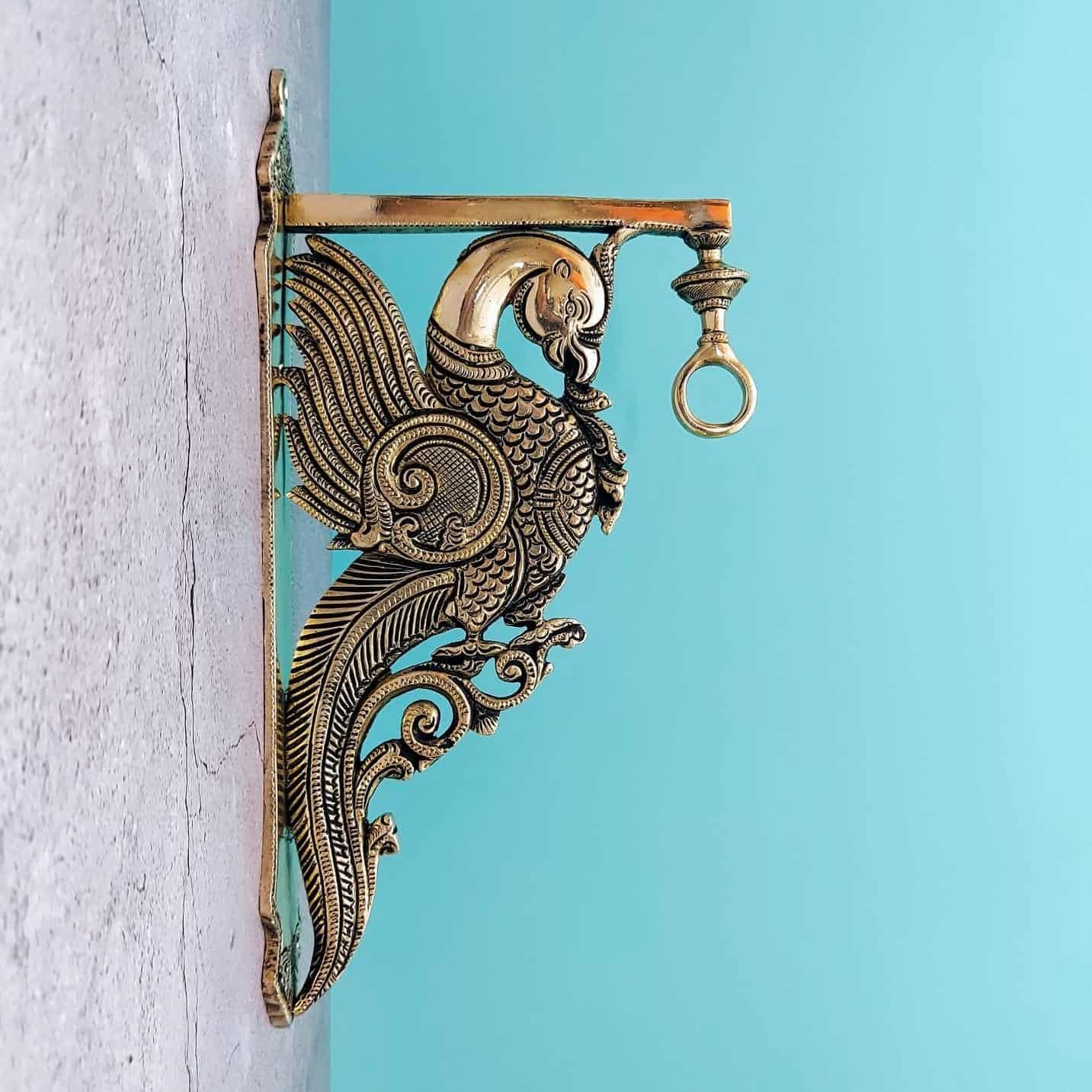 Brass Super Fine Peacock Hanging Wall Mount Bracket - 12.5 inch Height