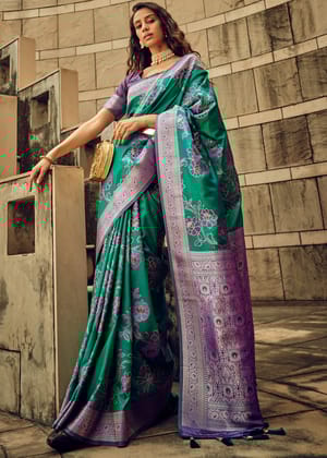 Panna Green Woven Satin Silk Banarasi Saree With Brocade Blouse