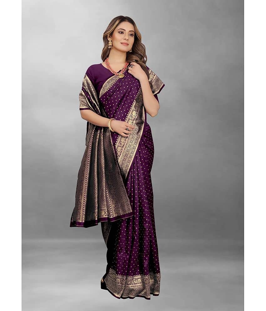 Gazal Fashions Banarasi Silk Embellished Saree With Unstitched Blouse Piece ( Purple )