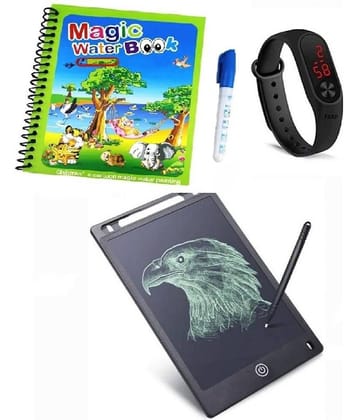 Combo Of 3 Pack - Water Magic book & LCD Writing Tablet slate & LED Band Watch Digitel Multicolor By Unico Traders