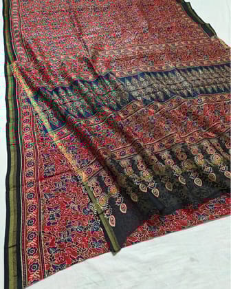 Lehrayein Chanderi Silk Hot Red Ajrakh Printed Saree