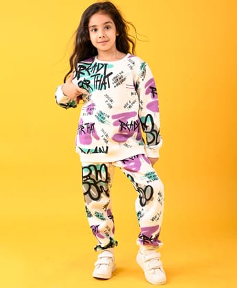 READY FOR THAT ROUND NECK FLEECE GIRLS SWEATSHIRT JOGGER SET - WHITE-0-6 MONTHS / 2N / WHITE