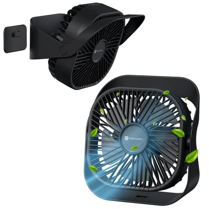 Portronics CoolCube Mini, 2-in-1 Desktop and Wall Fan, 2000mAh Battery, Type-C Charging, 360 Rotate with Pasteable Hook, 3 Speed Modes, BLDC Motor,Quiet Operation,3 Hour Playtime,CompactandPortable,Black