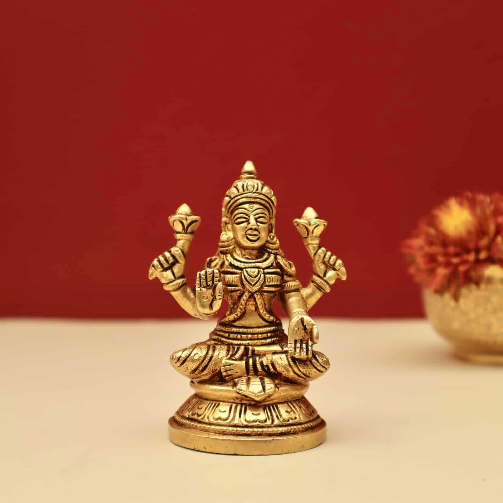Brass Lakshmi Devi - 3.5 inch Height | Divine Brass Idol of Goddess Lakshmi for Prosperity and Wealth