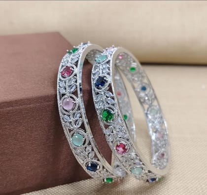 Saniya Ornate Silver Plated Multicolored Stone Bangles with Intricate Leaf and Floral Design