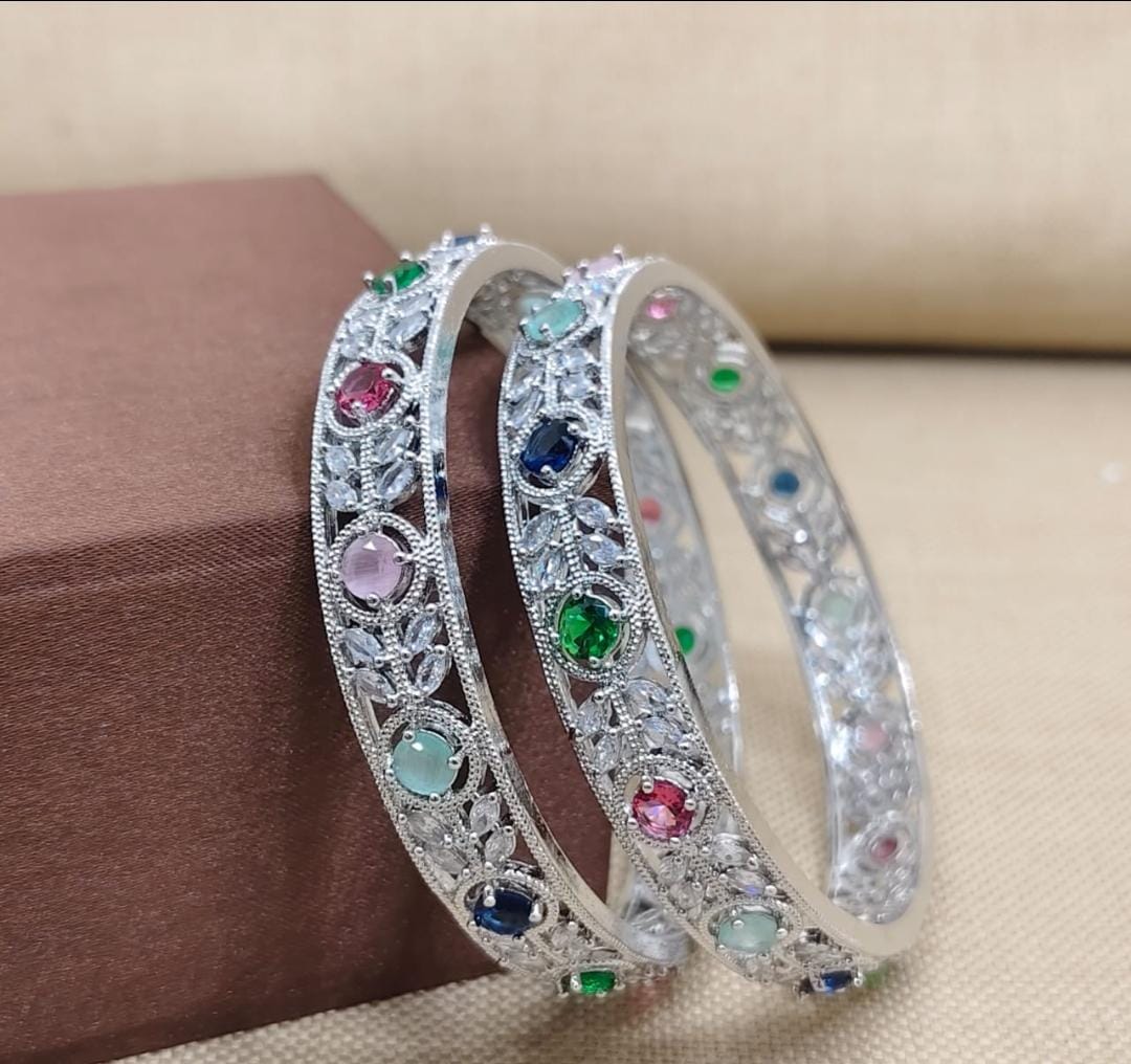 Saniya Ornate Silver Plated Multicolored Stone Bangles with Intricate Leaf and Floral Design
